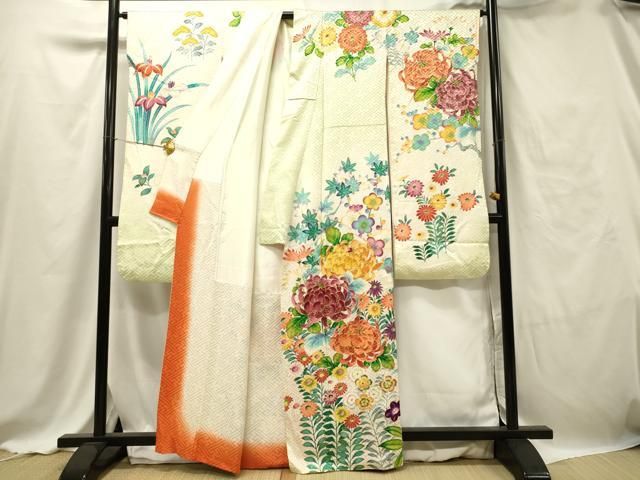 平和屋着物●訪問着　作家物　駒刺繍　渡橋小舟草花文　金彩　正絹　逸品　DAAW5161ud 平和屋着物○訪問着 作家物 駒刺繍 渡橋小舟草花文 金彩 正絹 逸品