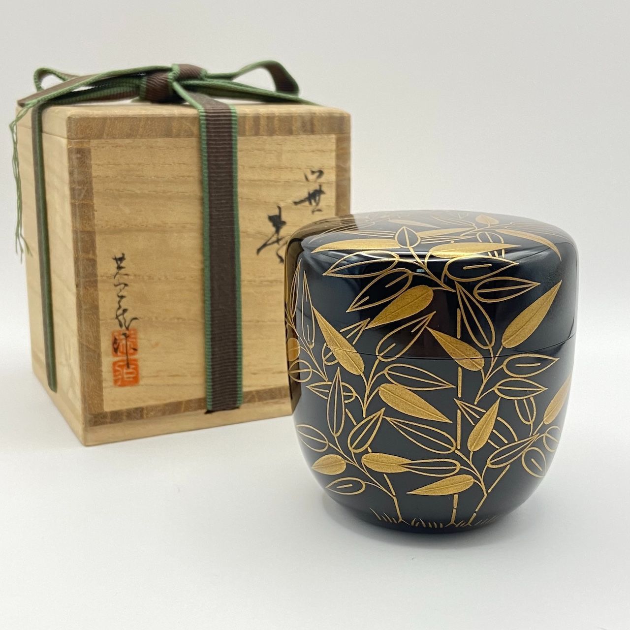 茶道具　笹桐蒔絵大棗 明治～大正 茶道具 兼中斎書付 宗覚 笹桐蒔絵 大棗 共箱（初