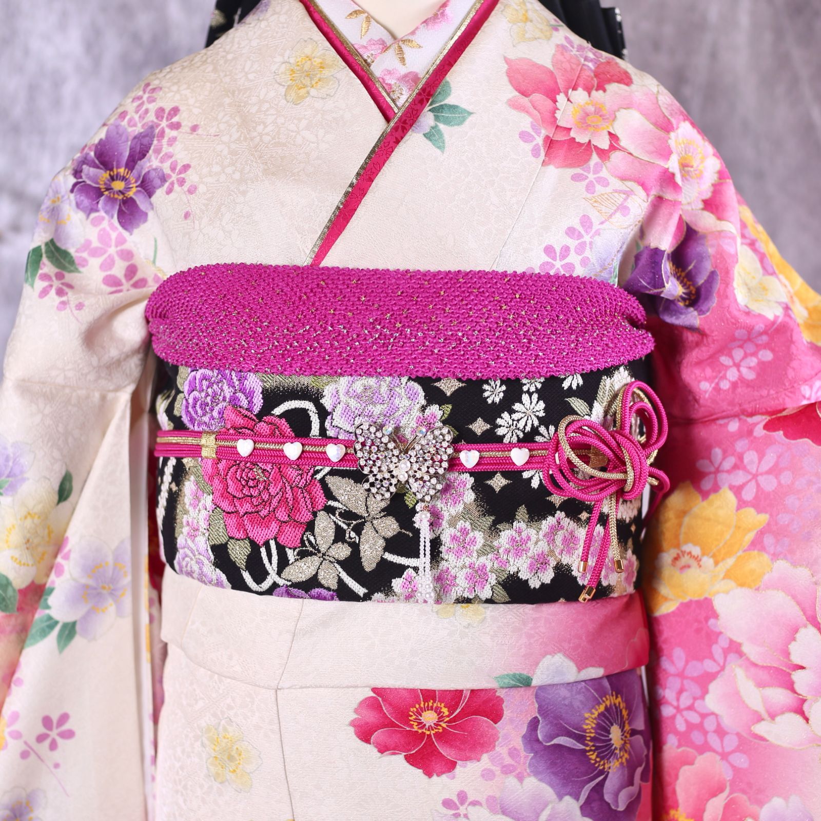 振袖フルセット 振袖セット 振袖 M～Lサイズ 中古 白×牡丹 美品 成人