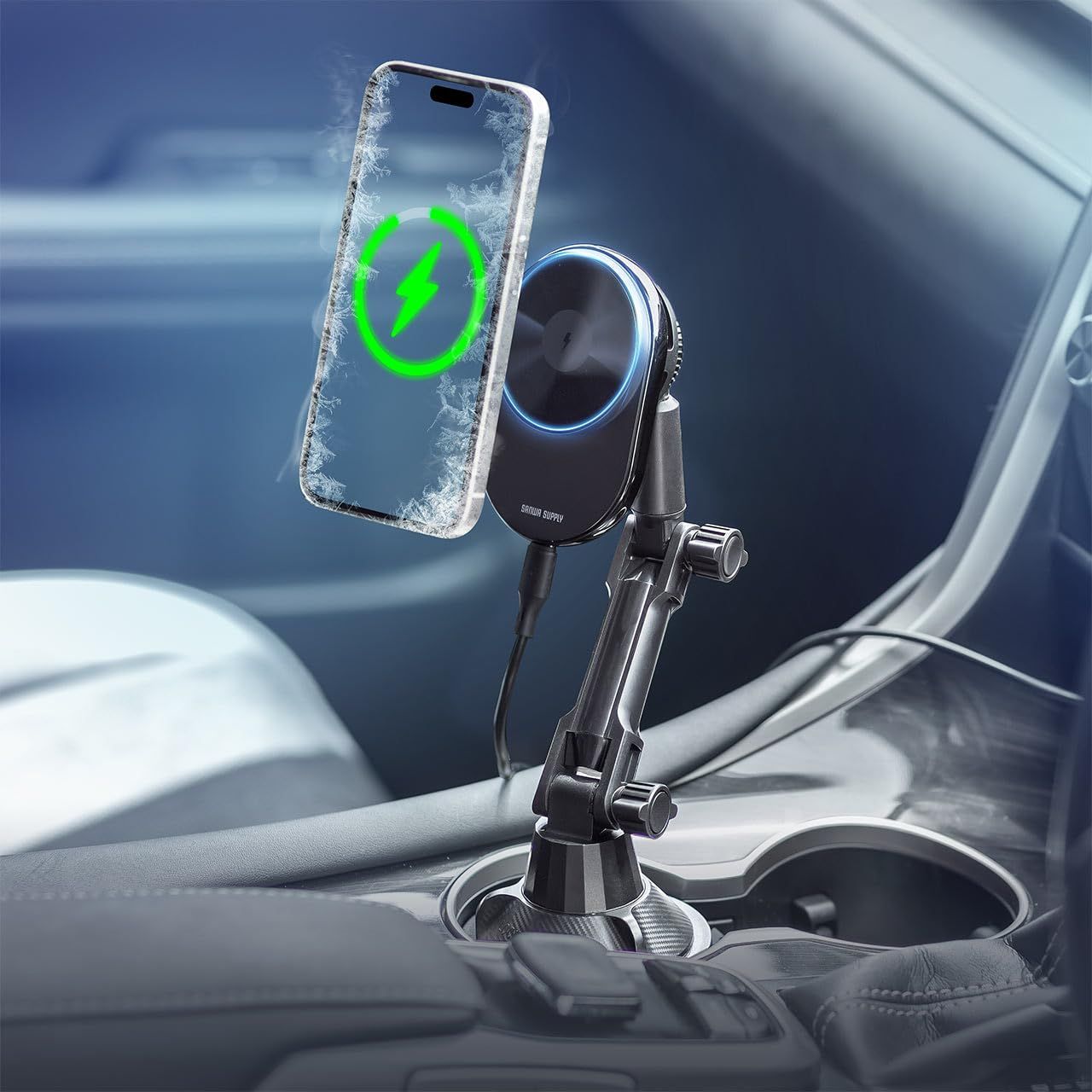 サンワダイレクト 車載ホルダー ワイヤレス充電 MagSafe対応 冷却機能 ペルチェ素子 ドリンクホルダー設置 向き 角度調整 強力 メタルリング付き iPhone15 14 13 12シリーズ対応 マグネット スマホホル 冷却機能 ドリンクホルダー設置