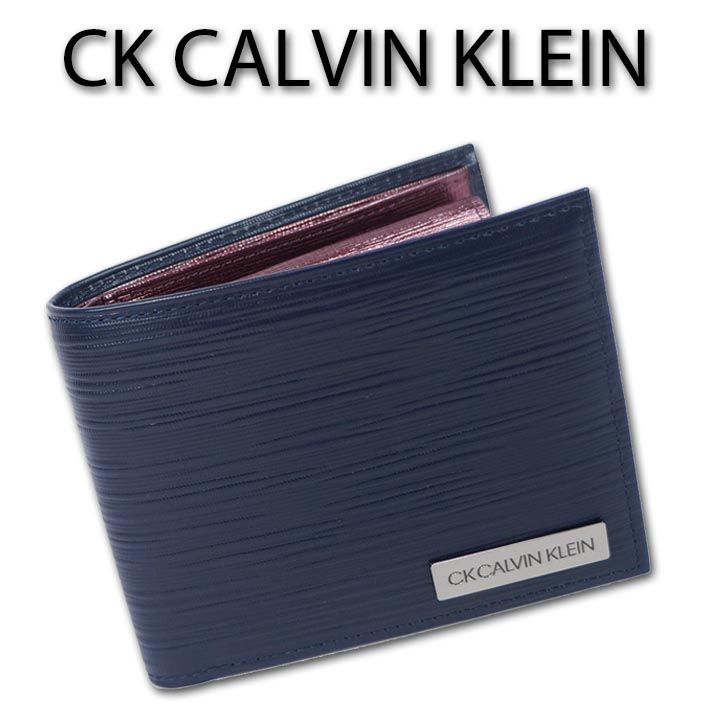 CKカルバンクライン CK CALVIN KLEIN 牛革 二つ折り財布 セミ長財布 メンズ ネイビー 紺 サンプル品 参考定価15,400円