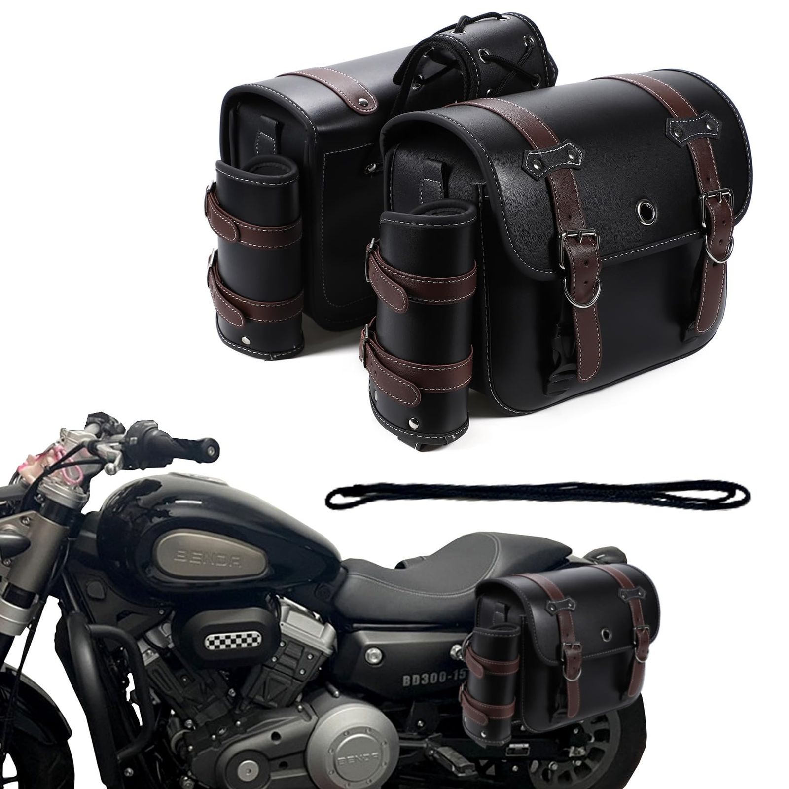 PIENSE バイク用 サイドバッグ 左右セット ドリンクホルダー 鍵付き ツーリング 小物入れ ブラウン|左右セット M ブラウン|左右セット M