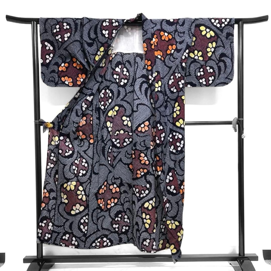 浴衣 有松鳴海絞り 花模様 唐草 ネイビー 藍染 着物 042a d 【公式通販】