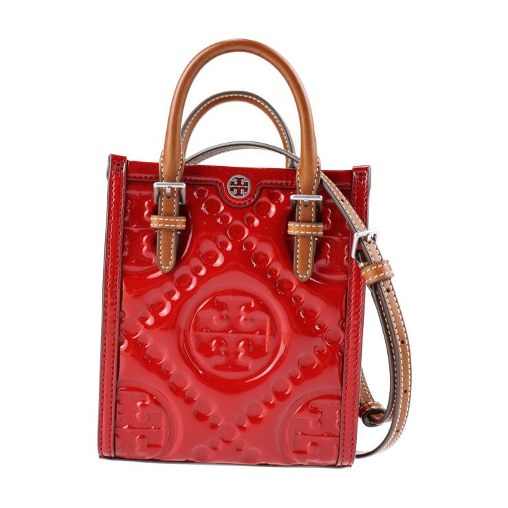 Tory Burch トリーバーチ Tモノグラム ミニ パッフィ トート ハンドバッグ パテントレザー レッド系 ブラウン シルバー金具 2WAY  ショルダーバッグ 【本物保証】