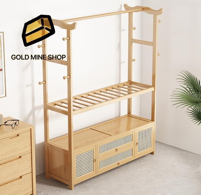 竹製ハンガーラック 引き出し付き