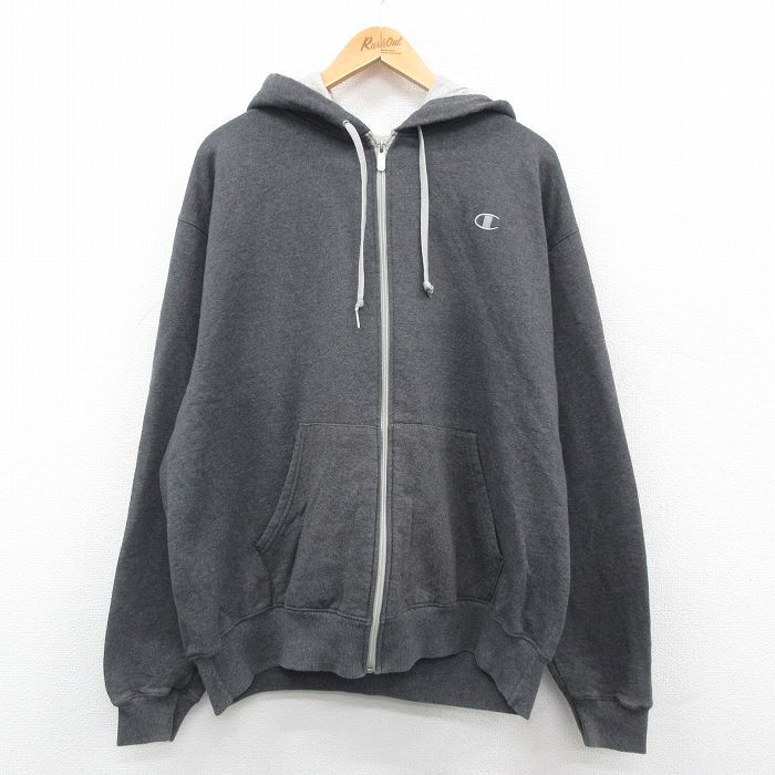 XL/古着 チャンピオン champion 長袖 スウェット パーカー メンズ ワンポイントロゴ 大きいサイズ 濃グレー 霜降り 24sep17 中古 スエット 
