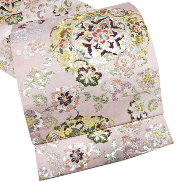袋帯 中古 正絹 六通 花紋 華文 箔糸 桜色 多色 金銀 A1107-12