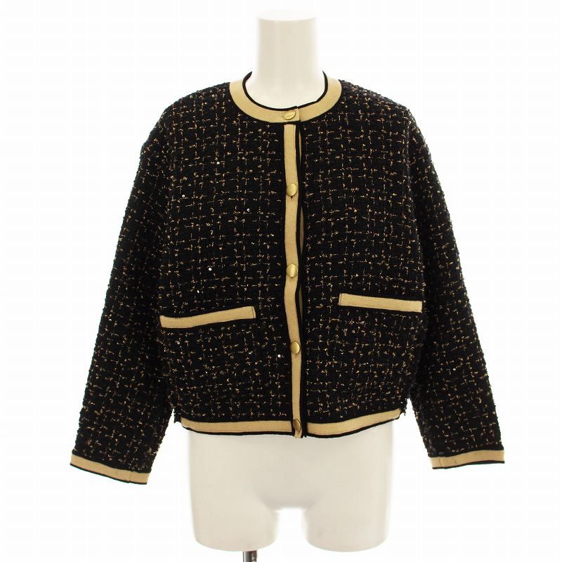 ボールジー BALLSEY トゥモローランド 23AW ニットコンビツイード クルーネックジャケット 11-07-34-07101 ノー ニット切替 36 黒 ゴールド | G