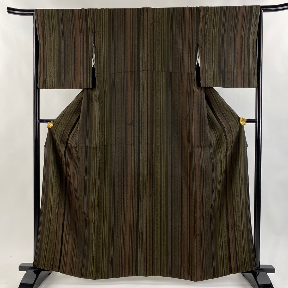 小紋 身丈162cm 裄丈65cm M 袷 縦縞 鳥 茶緑色 正絹