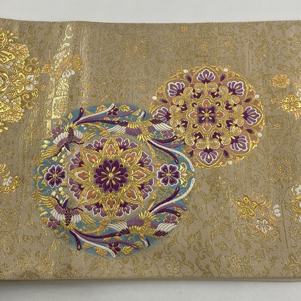袋帯 美品 逸品 じゅらく 落款 証紙 帝王紫 華文 鳥 金糸 刺繍
