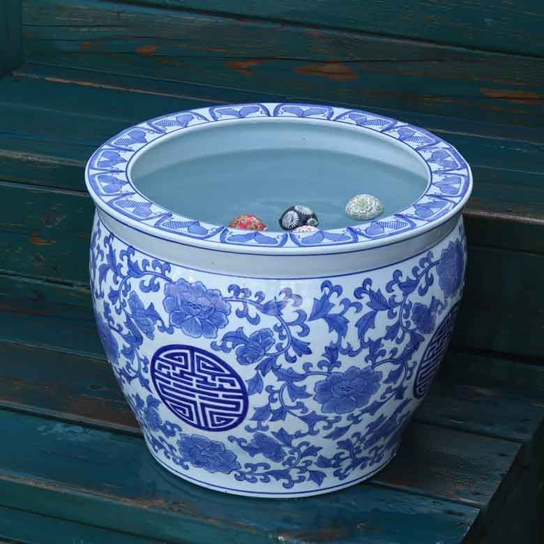 レア レトロ 水鉢 金魚鉢 ガーデニング 陶器 大型 染付 庭 インテリア 