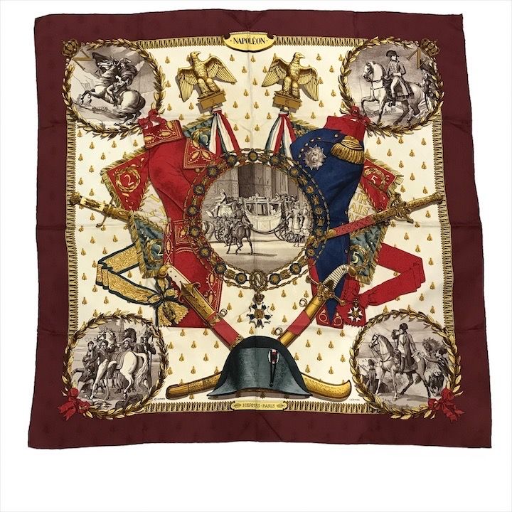 美品 HERMES エルメス  スカーフ ナポレオン ボルドー 【送料0】 美品 HERMES エルメス 大判 スカーフ シルク 100パーセント カレ