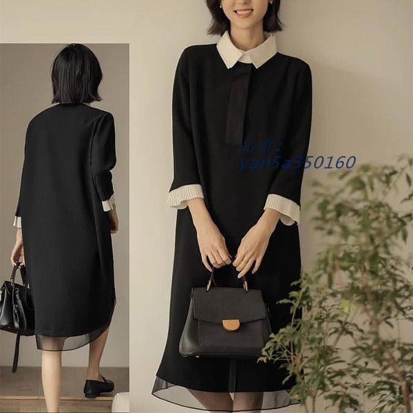 質重視ブラックワンピース ストレートライン 白襟 上品 長袖 ひざ下丈 送料無料20代30代40代50代60代入学式卒園式卒業式結婚式パーティー yan5a350160