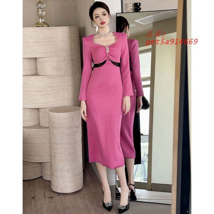 ビジュー使い裏地シースルーレース 長袖ロングタイトワンピース ピンク キャバ スナック ラウンジ 韓国 レディース get5a914669