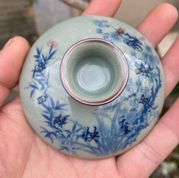 中国茶器 陶泥蘭亭集序三才蓋碗 陶磁茶碗 煎茶器 新品未使用