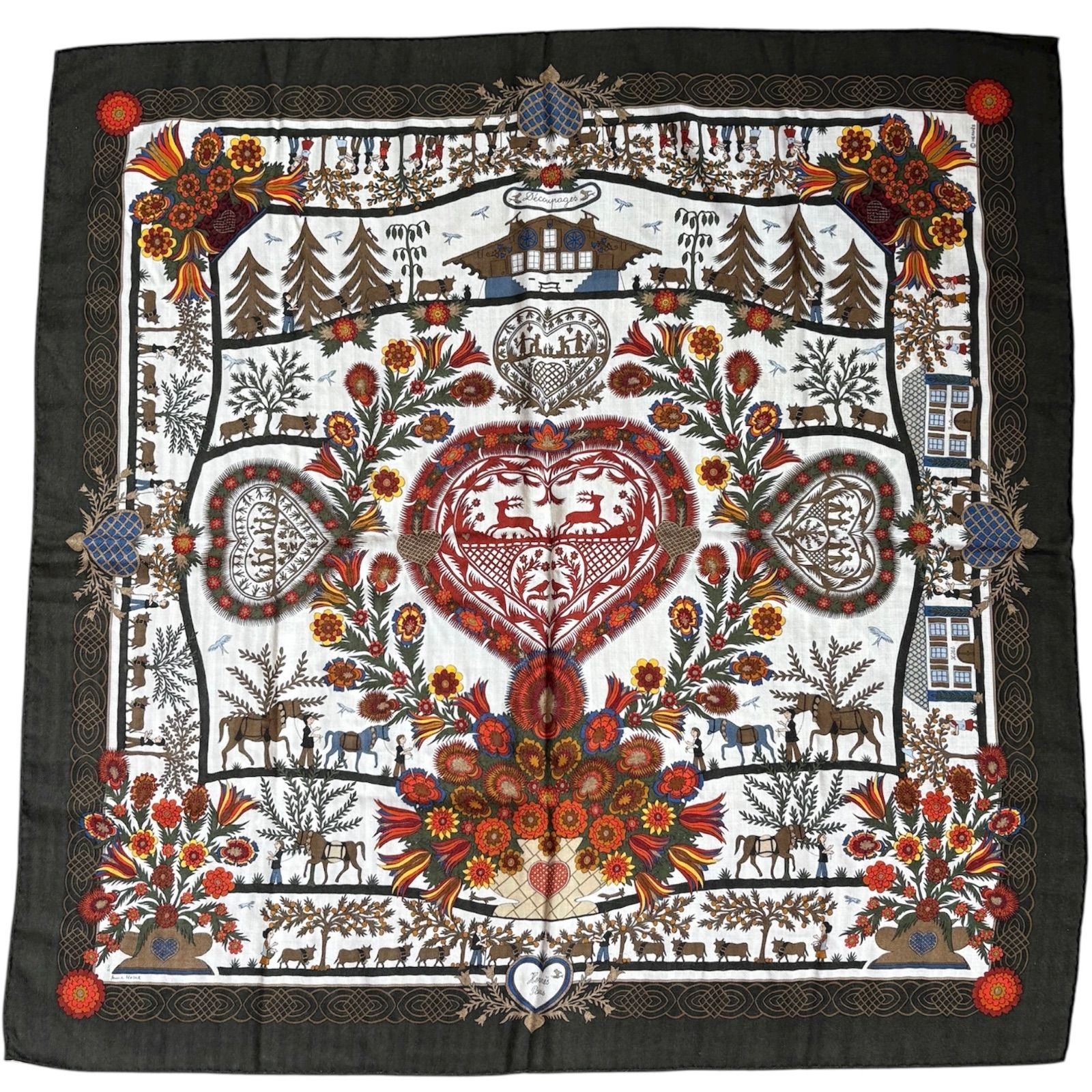 HERMES エルメス カレジェアン カレ90 カシシル デコパージュ ハートや美しい花柄と風景が描かれた ストール スカーフ