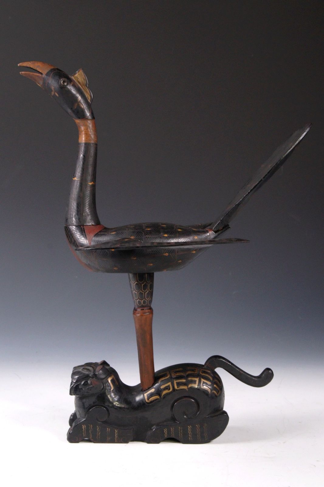 李朝時代 木雁 鴨と虎 デコイ 37.5cm 木彫 唐物 骨董 古美術 楾 N7-OTa 