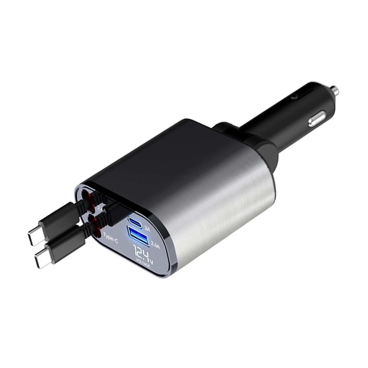 シガーソケット 急速充電 カーチャージャー USB 4in1 巻き取り式