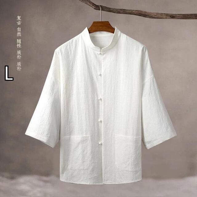 L 秋冬 コーデ メンズ 服 シンプル ファッション オシャレ 大人 かっこいい 大きいサイズ ストリート 紳士服 軽 通気 リネンシャツ 半袖 スタンド 七分袖 シャツ 綿 リネン トップス