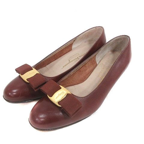 サルヴァトーレフェラガモ Salvatore Ferragamo ヴァラリボン パンプス ラウンドトゥ レザー ローヒール 6 1/2 22ｃｍ 茶 ブラウン /MS ■GY18