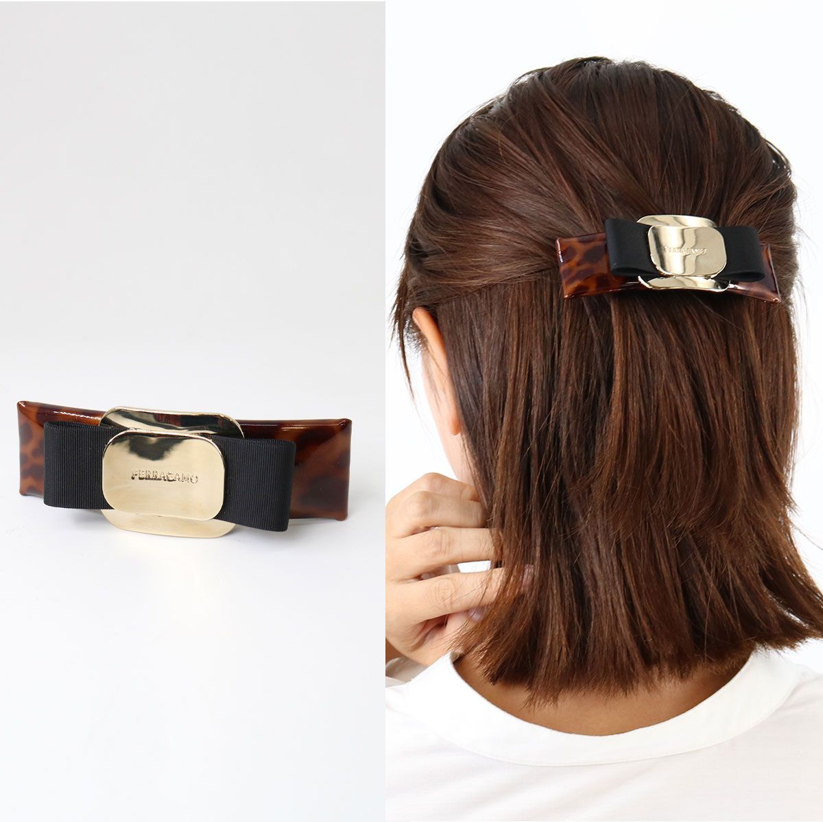 【美品】Salvatore Ferragamo 黒リボンバレッタヘアアクセサリー □SALVATORE FERRAGAMO サルヴァトーレ フェラガモ バレッタ 34 0456