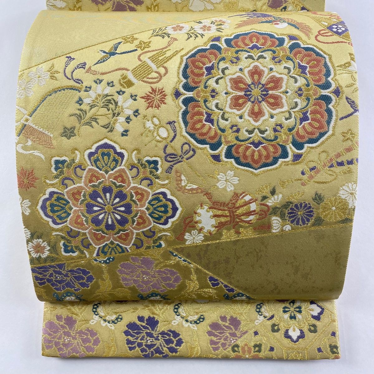 袋帯 名品 華文 楽器 金糸 箔 金色 六通 正絹