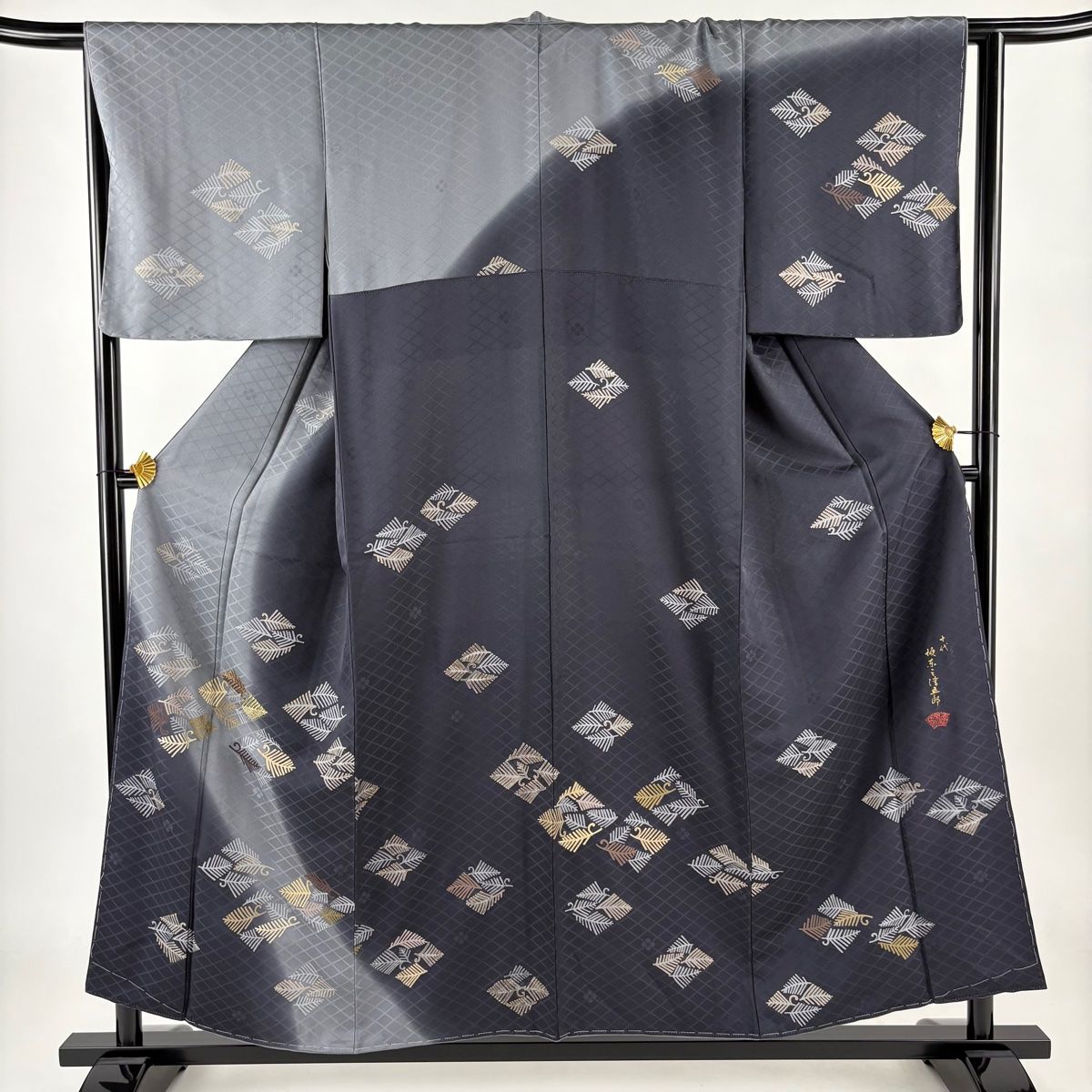 訪問着 身丈154cm 裄丈64cm M 袷 坂東三津五郎 落款 松菱 金彩 金糸 灰色 正絹 名品