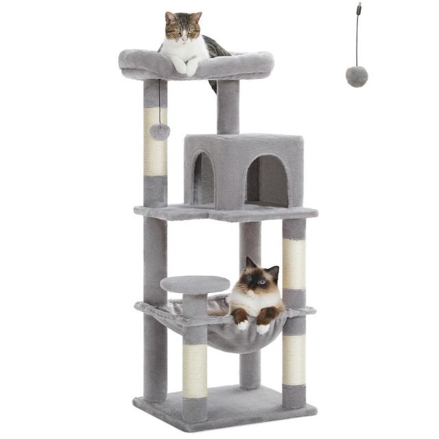 PETEPELA ぺテぺラ キャットタワー スリム コンパクト 猫タワー 据え置き 置き型 省スペース ハンモック 爪研ぎ 見晴台 人気 ボンボン 天然麻紐 シンプル 運動不足解消 多頭飼い - グレー M 高さ116cm
