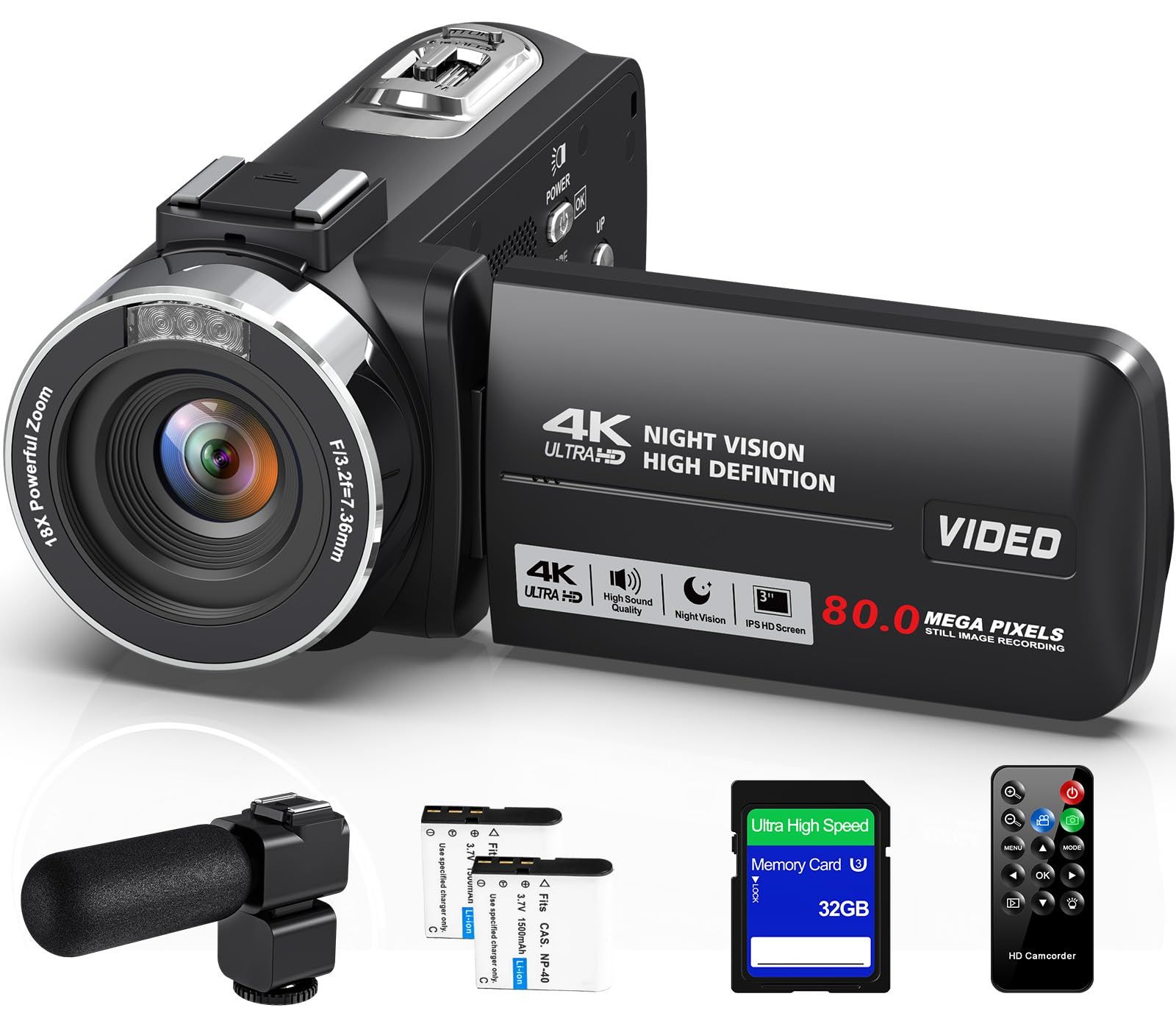 ビデオカメラ 4K録画 8000万画素 Vlogging カメラ 3.0IPS HDスクリーン IRナイトビジョン 18倍デジタルズーム 270度回転 画面 自撮り 32GBのSDカード MIC外部マイク 1500mAhリチウムイオン電池 リモコン