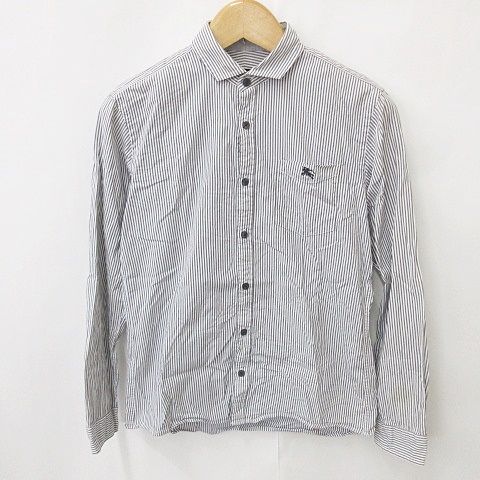 バーバリーブラックレーベル BURBERRY BLACK LABEL シャツ ホリゾンタル ワンポイント 長袖 ストライプ 綿 コットン 白 グレー ホワイト 2