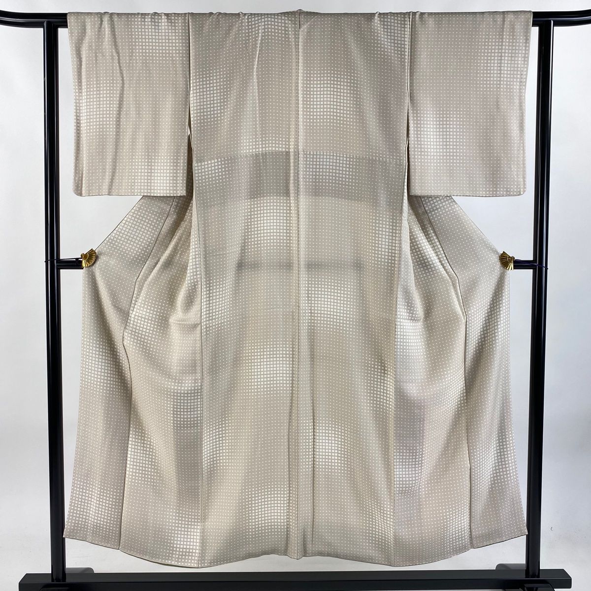 小紋 身丈151cm 裄丈60.5cm S 袷 格子 幾何学模様 ベージュ 正絹 名品