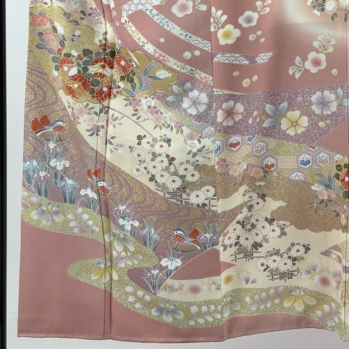 訪問着 身丈150cm 裄丈61cm S 袷 鴛鴦 草花 金糸 金彩77 ピンク 正絹 秀品