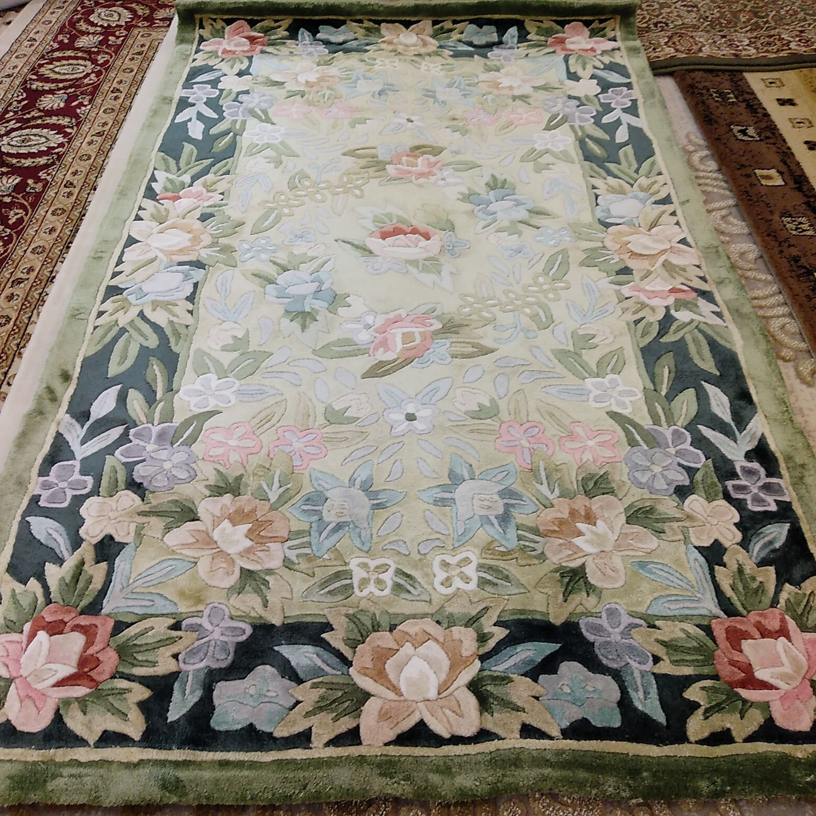 玄関マット 大きいマット 段通調 緞通調 シルク段通調 シルク緞通調 緑 約90х150