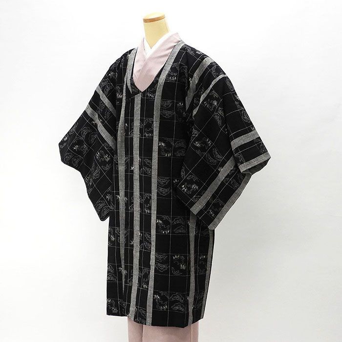 コート 未着用 正絹 格子松笹模様 紬 ロングコート 千代田衿 和装コート 新古品 羽織物 j0117