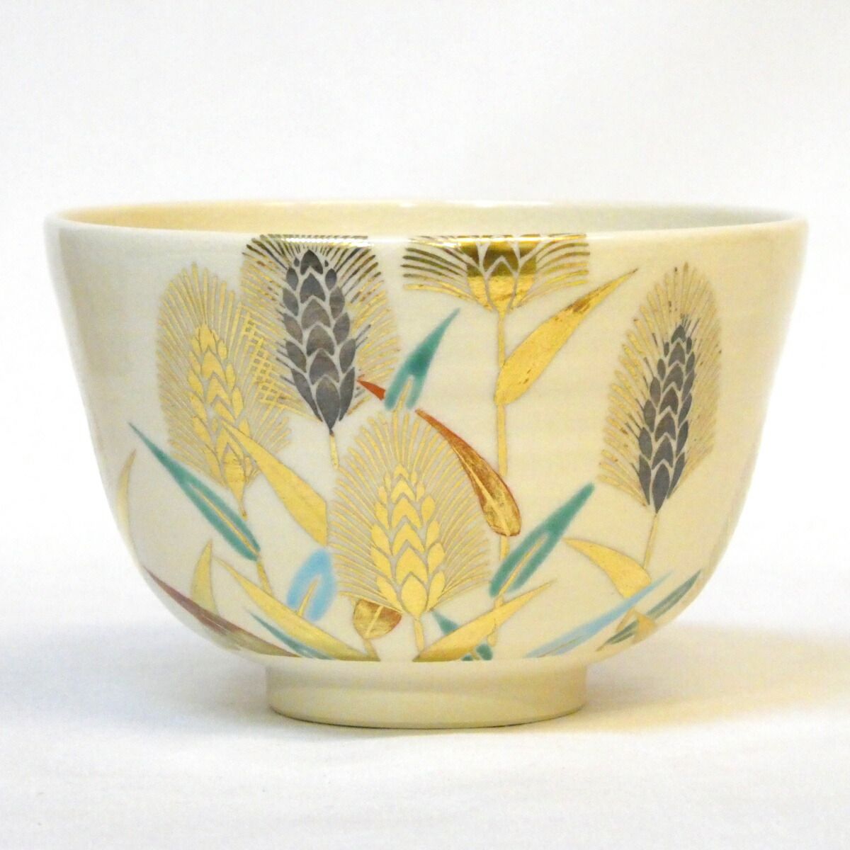 七月の特売品 平安茜窯 岡田華渓作 麦の絵 茶碗 茶道具