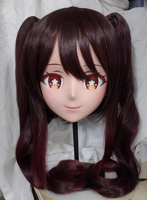 ハーフマスク 眼球付き カツラ付き 肌色 B 樹脂製 ヘッドロリータ人形 コスプレマスク 変身 仮装 着ぐるみ 二次元美少女
