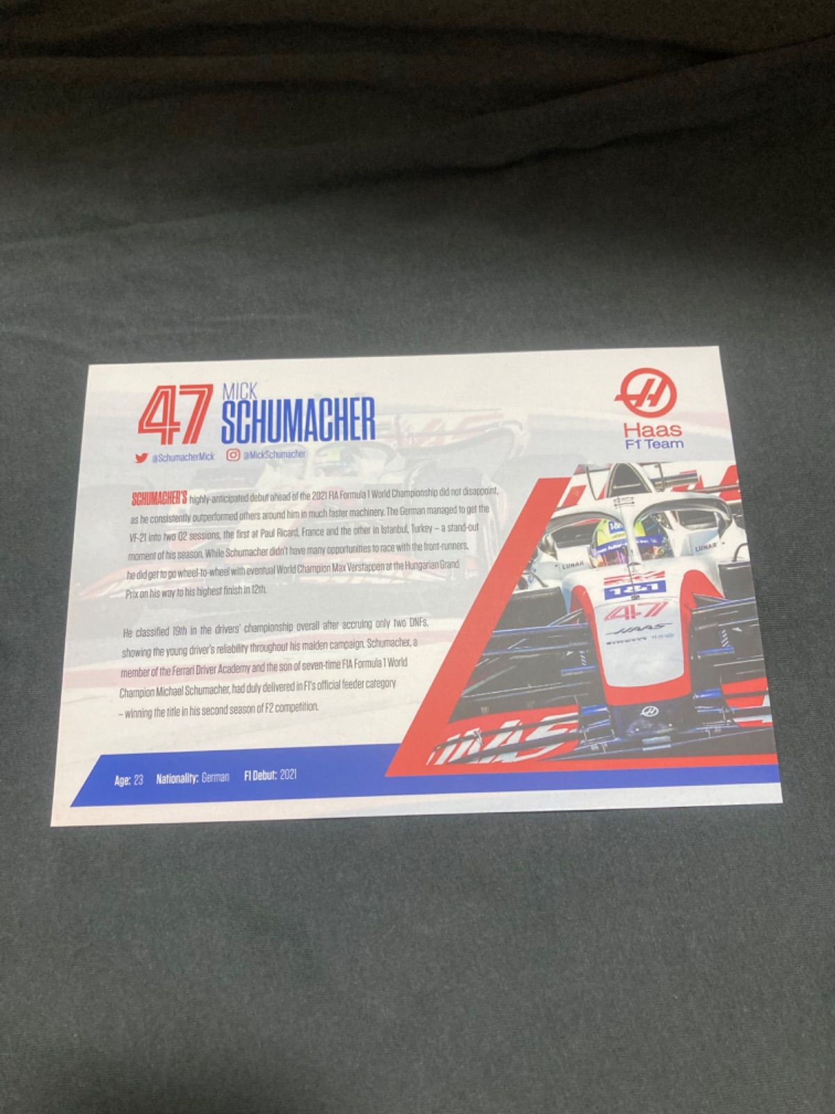 F1ハース ミック・シューマッハ 直筆サイン入りドライバー