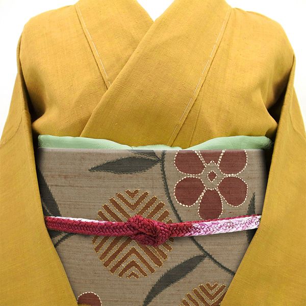 ご成約です 逸品 手の込んだ刺子が素晴らしい 正絹袋帯 新古品】 袋帯 刺し子 刺繍 縦節紬 手刺繍 正絹 絹 手染め オリーブ