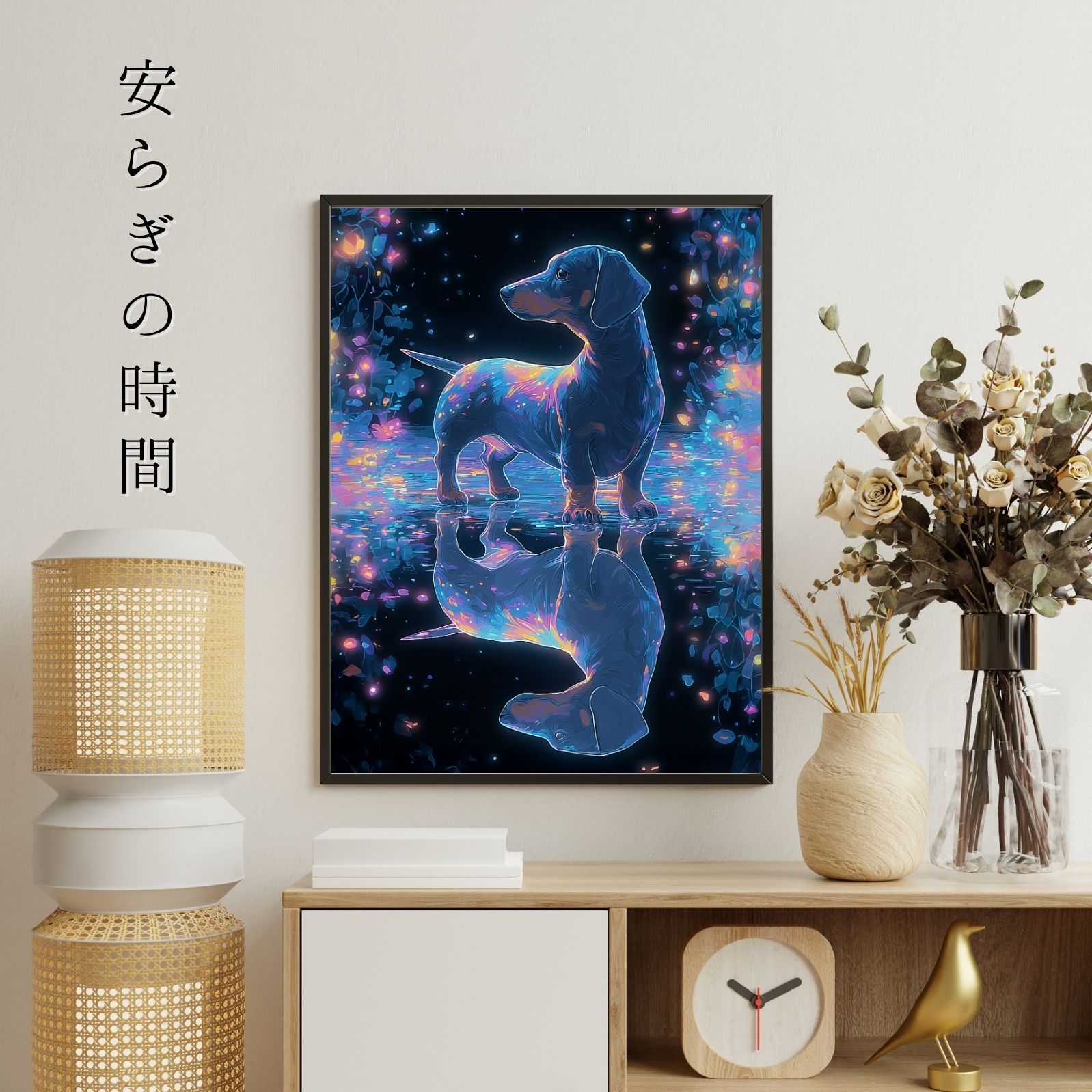  名入れOK リフレクション - ダックスフンド犬 No.3 アートポスター ペットロス うちの子記念日 北欧 ナチュラル モダンインテリア 犬雑貨 オーナーズグッズ 犬用品