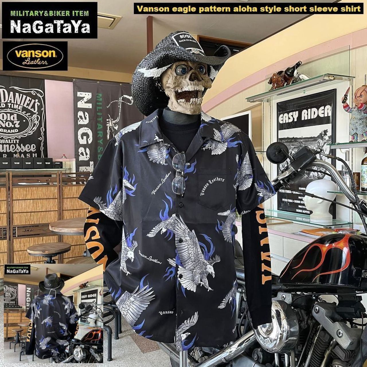 VANSON バンソン イーグル ロゴ 総柄 半袖アロハシャツ ブラック 黒 メンズ NVSS-2404 リゾートウェア