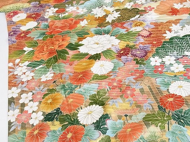 平和屋-こころ店□極上 振袖 駒刺繍 松花文 金彩 着丈163cm 裄丈65cm