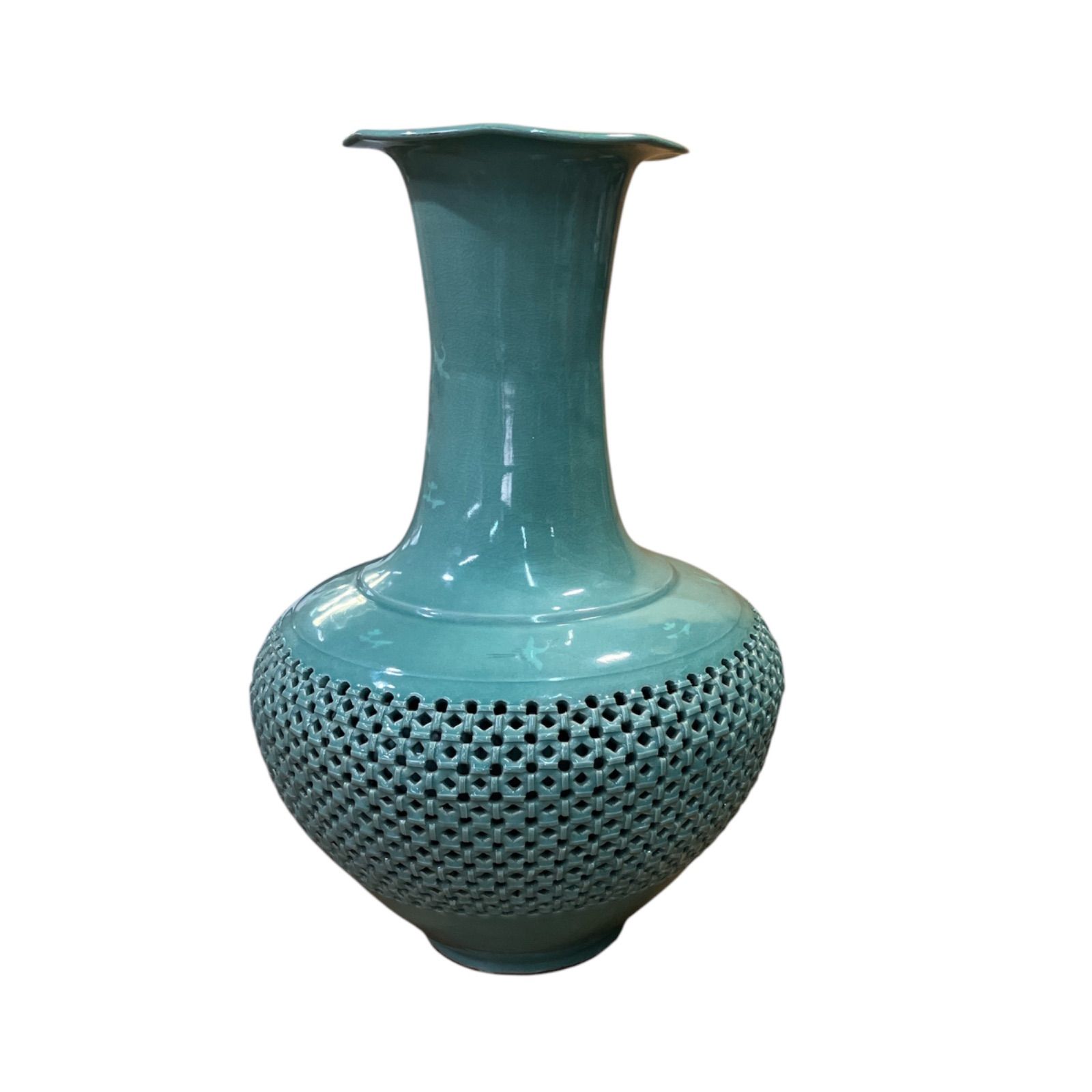 韓国 高麗青磁壺 新品】花瓶 壺 韓国高麗青磁 宇成陶窯 透かし網細工
