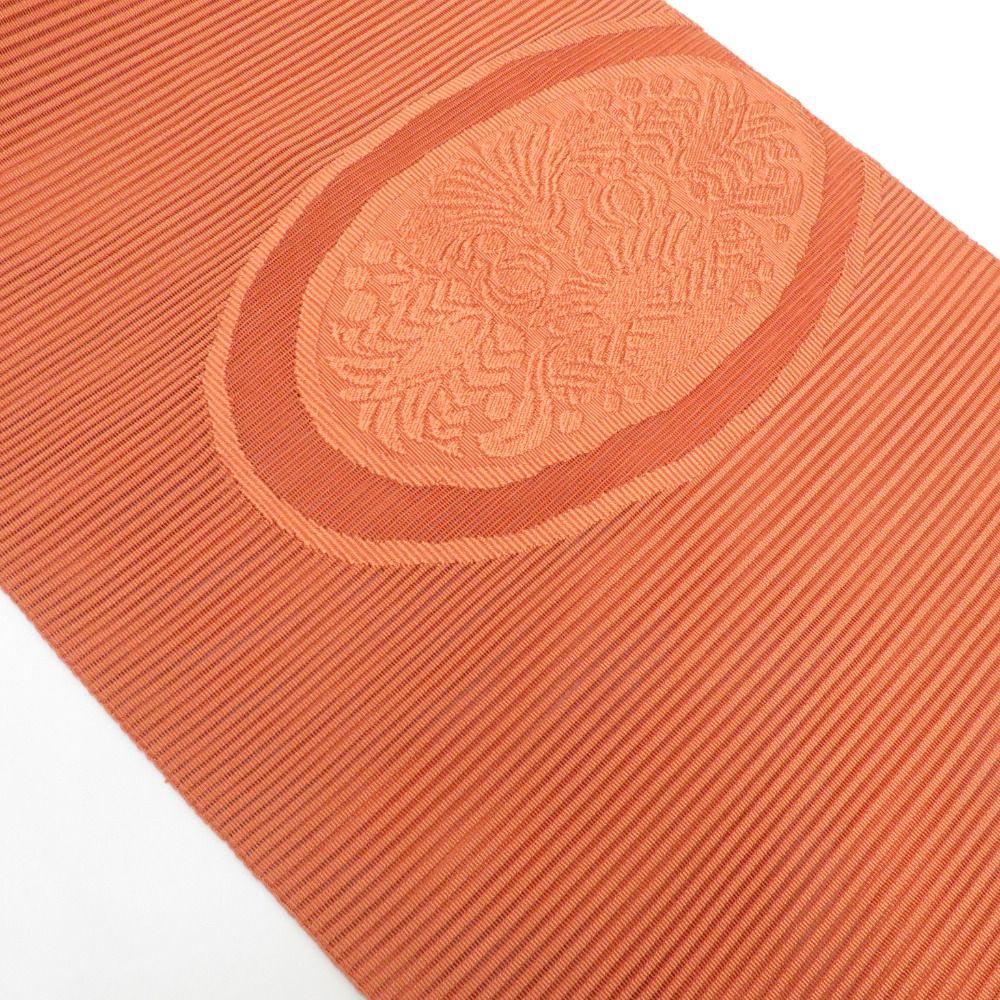 名古屋帯 絽綴れ 夏用 シグナルレッド 正絹 丸に花 サーモンピンク