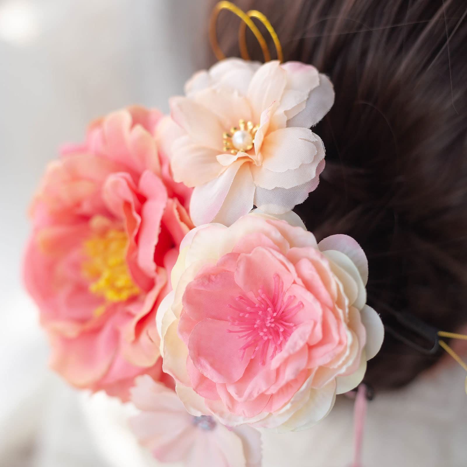 【新着商品】造花 手作り 髪飾り 成人式 卒業式 結婚式 七五三 花 ヘアアクセサリー 振袖 7色展開 袴 浴衣 着物 和装 水引 人造真珠 鈴 パール [VIYIEN] タッセル 白 金 赤 ピンク 紫 緑