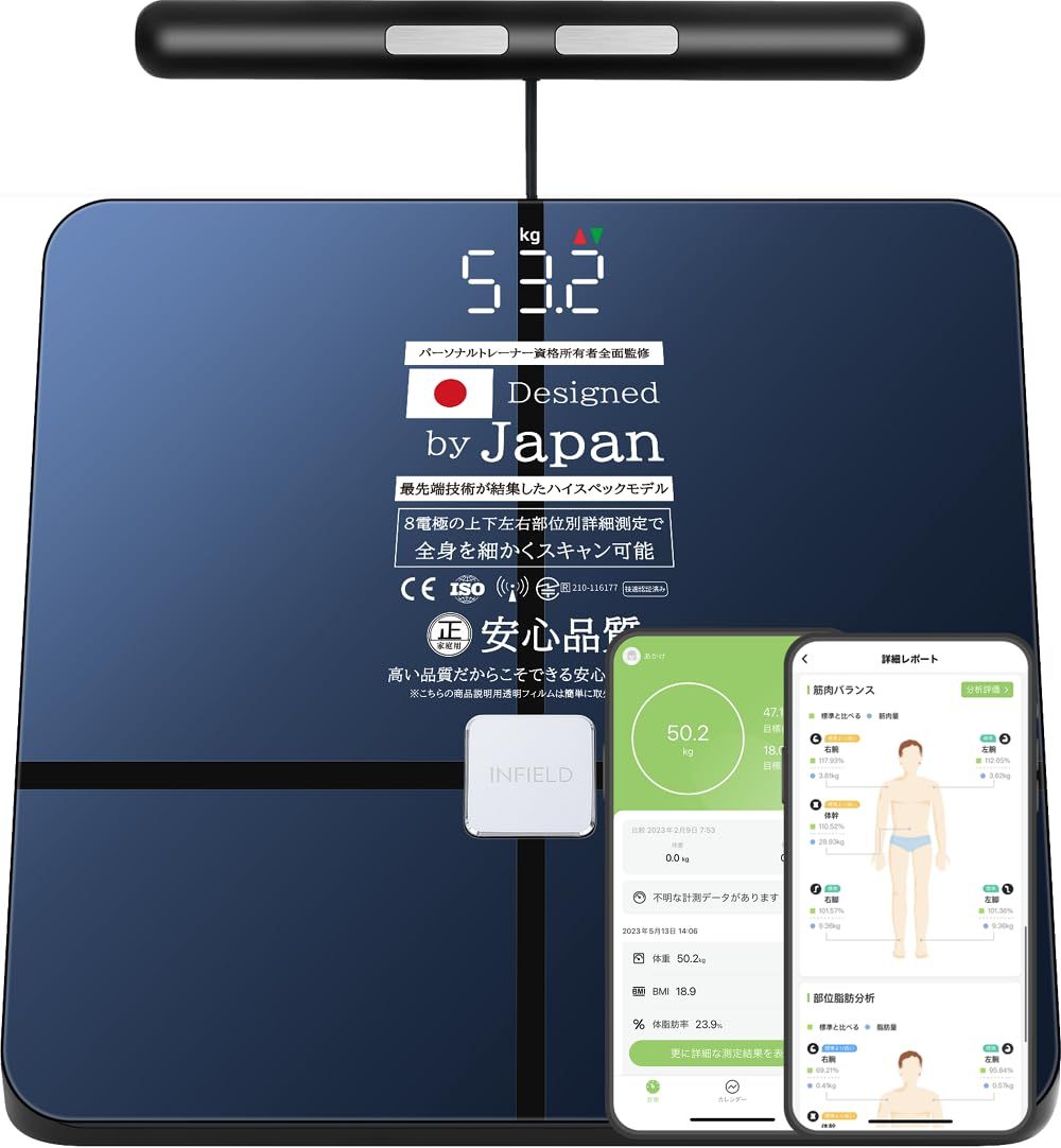 体重計 AI×体組成計プレミアム_ジムレベルの44項目全身スキャン【プロスポーツチームにも導入】 スマホ連動 体組成計 8電極×INFIELD【アップグレード版】ブラック