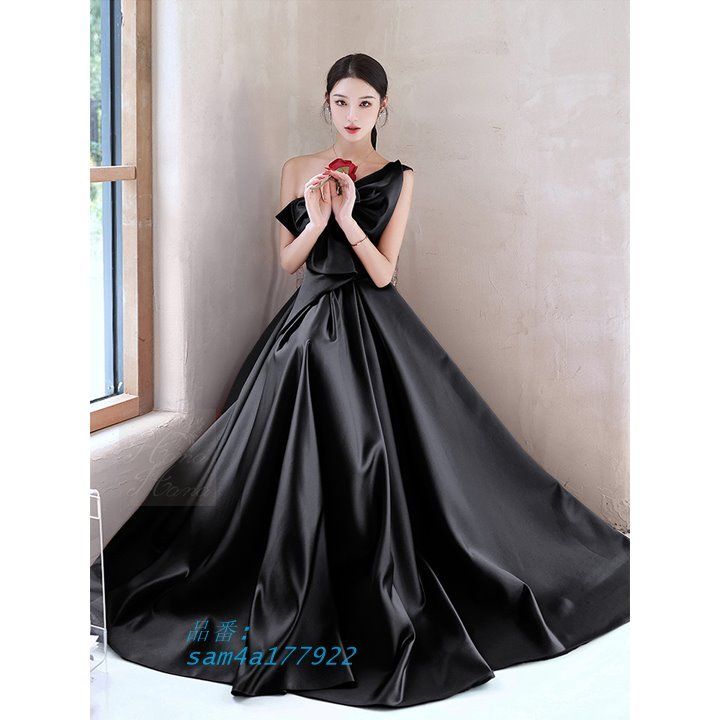 ワンピース ドレス イブニングドレス ビッグリボン ロング丈 レディース 春夏 セレモニー 体型カバー 細見え 結婚式 きれいめ 秋冬 ワンショルダー am4a177922