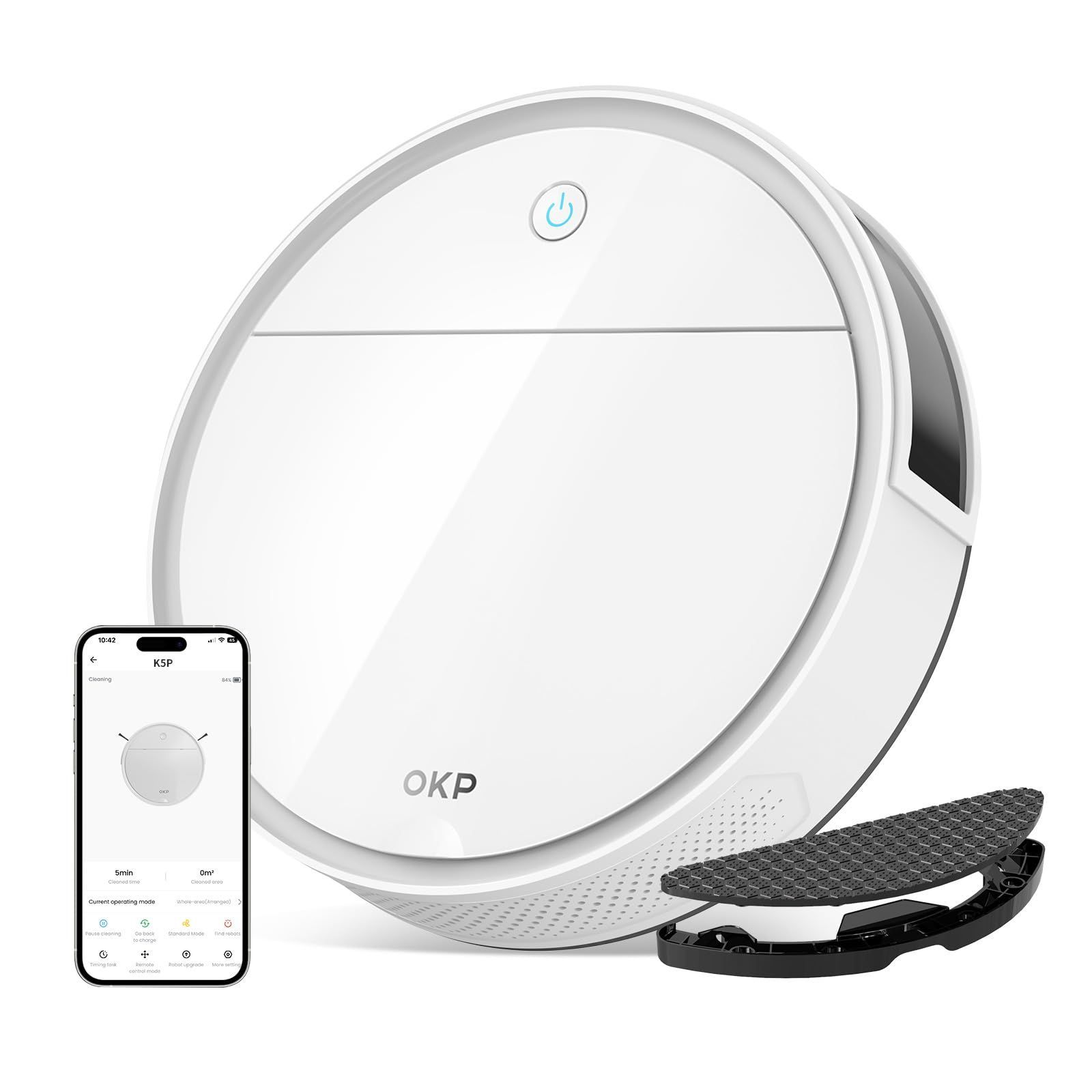 ロボット掃除機 OKP Life K5P 小型 5000pa強力吸引 精確な障害回避 磁気吸引モップ 水拭き 静音設計 遠隔操作 自動充電 落下防止 2.4GWi-Fi対応 Alexa Google Homに対応