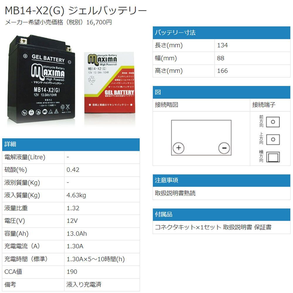 【新品】充電済み すぐ使える ジェルバッテリー YB14-A2 GM14Z-4A FB14-A2 DB14-A2 互換 バイクバッテリー MB14-X2 1年保証 ジェルタイプ ホンダ CB750 CBX750F VF750マグナ ナイトホーク750 など適合