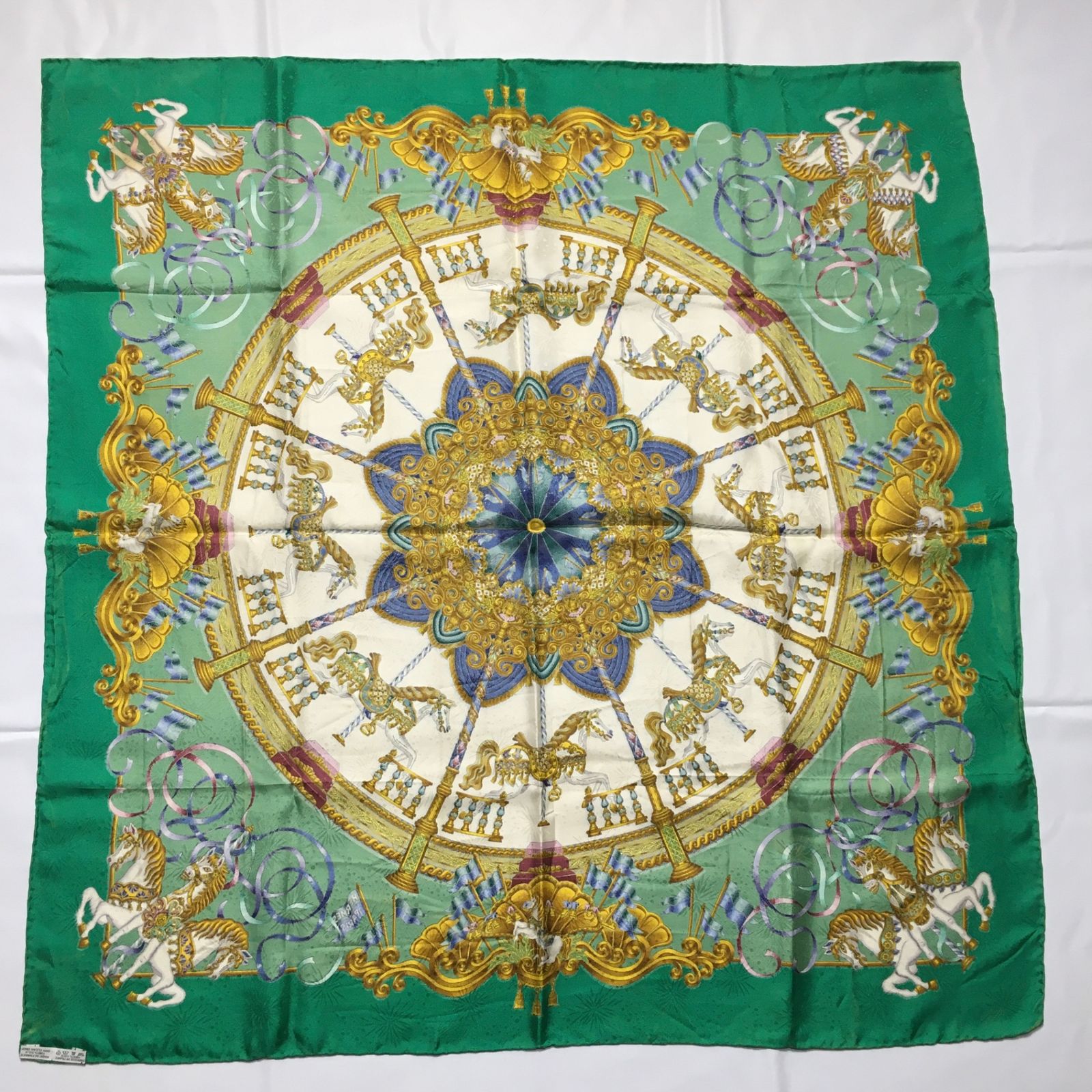 2505-72｜美品｜エルメス カレ 90 スカーフ シルク グリーン