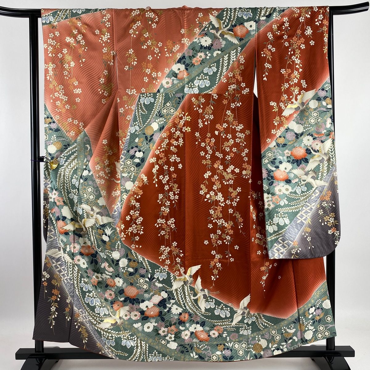 振袖 美品 秀品 鶴 草花 金糸 金彩 ピンク 袷 身丈158cm 裄丈65cm M